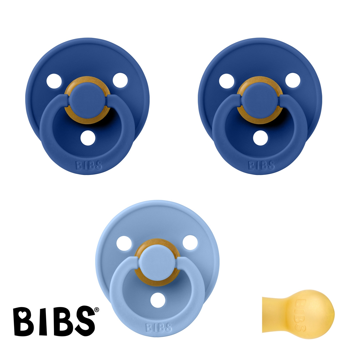BIBS Colour Sutter med navn str1, 2 Cornflower, 1 SkyBlue, Runde latex, Pakke med 3 sutter